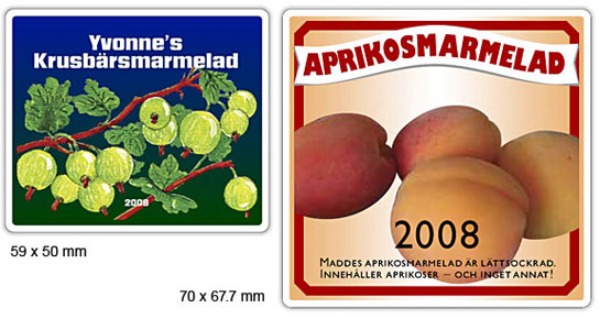Exempel p etiketter krusbrsmarmelad och aprikosmarmelad.