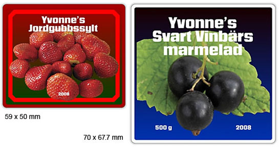 Exempel p etiketter fr jordgubbssylt och svartvinbrsmarmelad.
