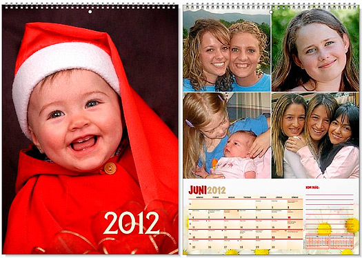 Exempel p� en framsida och ett m�nadsblad i en fotoalmanacka i A3-format med stora bilder.