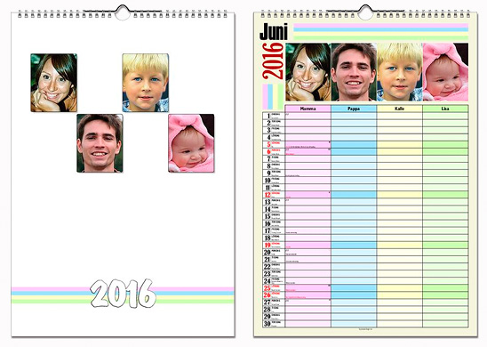 Exempel p� olika blad i en familjekalender.