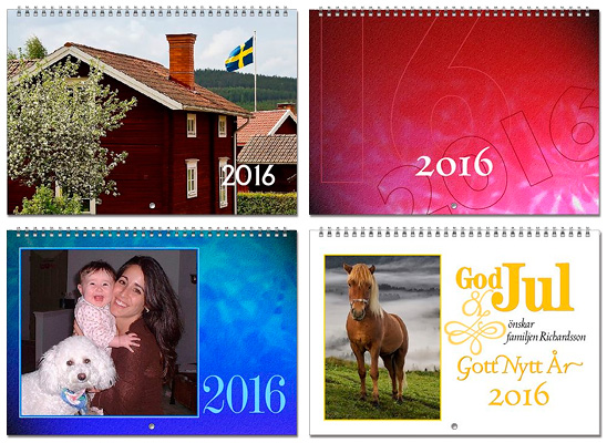 Exempel p� olika typer av framsidor f�r v�ggkalender med mittspiral.