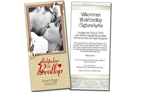 Inbjudan till br�llop. Annelie och Roger 15 juni 2012. V�lkommen till v�rt br�llop i Sigtuna kyrka.