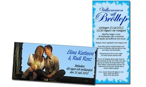 Elina Karlsson & Rudi Renz. Inbjudan till vigsel och br�llopsfest den 21 juli 2012.