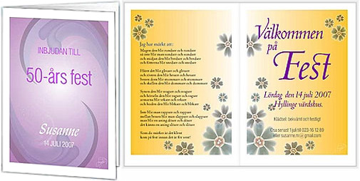 Inbjudan till 50-�rs fest. Susanne 14 juli 2007. V�lkommen p� fest. L�rdag den 14 juli 2007. Hyllinge v�rdshus. Kl�dsel: bekv�mt och ledigt.