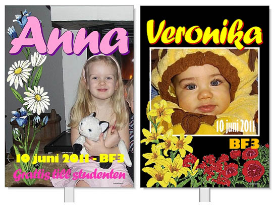 Tv� studentplakat med texterna: Anna 6 juni 2007. BF3. Grattis till studenten. Veronica 6 juni 2007.