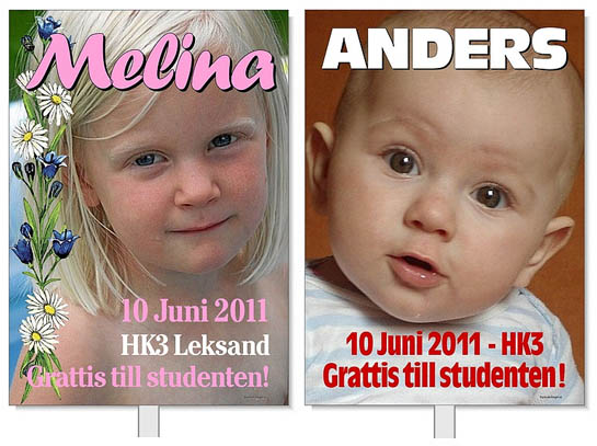 Tv� studentskyltar med texterna: Melina 11 juni 2007. HK3 Leksand. Grattis till studenten! Anders 6 juni 2007. HK3. Grattis till studenten!