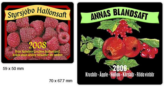 Exempel på etiketter för hallonsaft och blandsaft