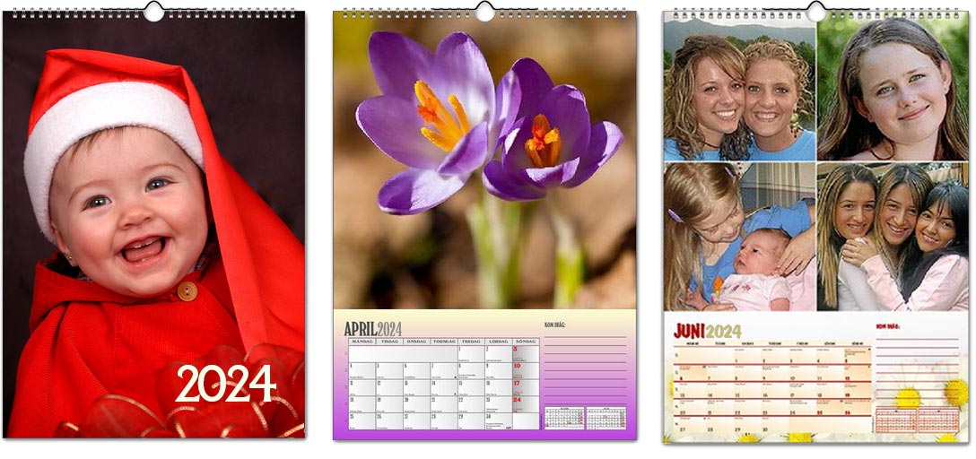 Exempel på en framsida och några månadsblad i en fotokalender i A3-format med stora bilder.