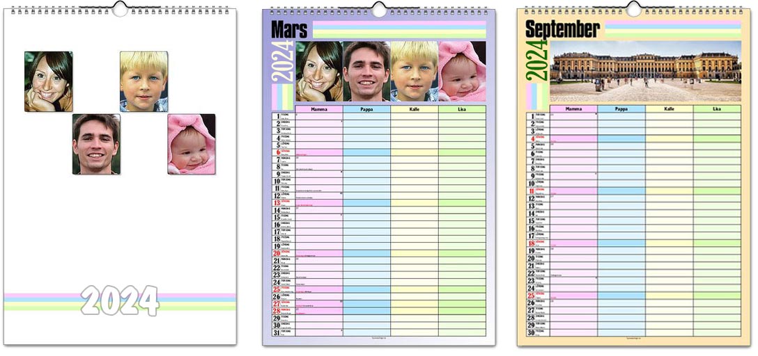Exempel på en framsida och några månadsblad i en fotokalender för familjeplanering.